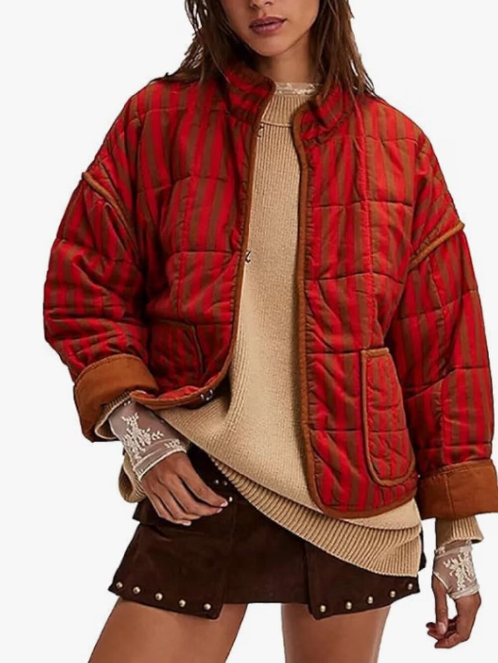 Women's Loose Retro Striped Quilted Jacket Stand Collar Cropped Puffer Outerwear